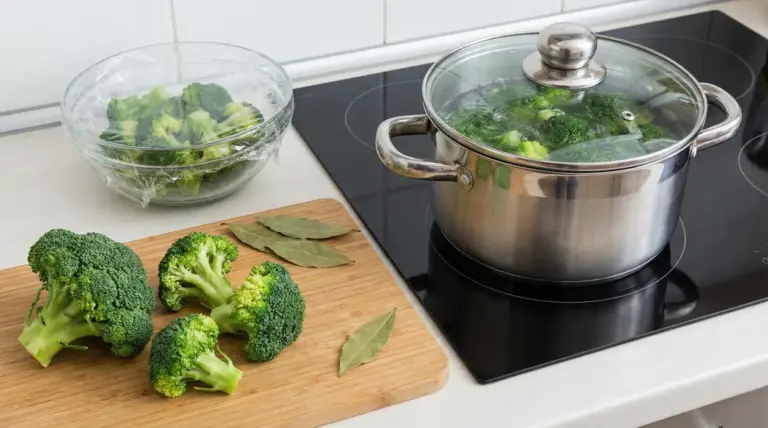 Broccoli freschi su tagliere e in pentola in ebollizione su fornello a induzione