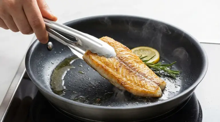 Filetto di pesce rosolato in padella antiaderente, girato con pinze, con olio caldo, limone e rosmarino