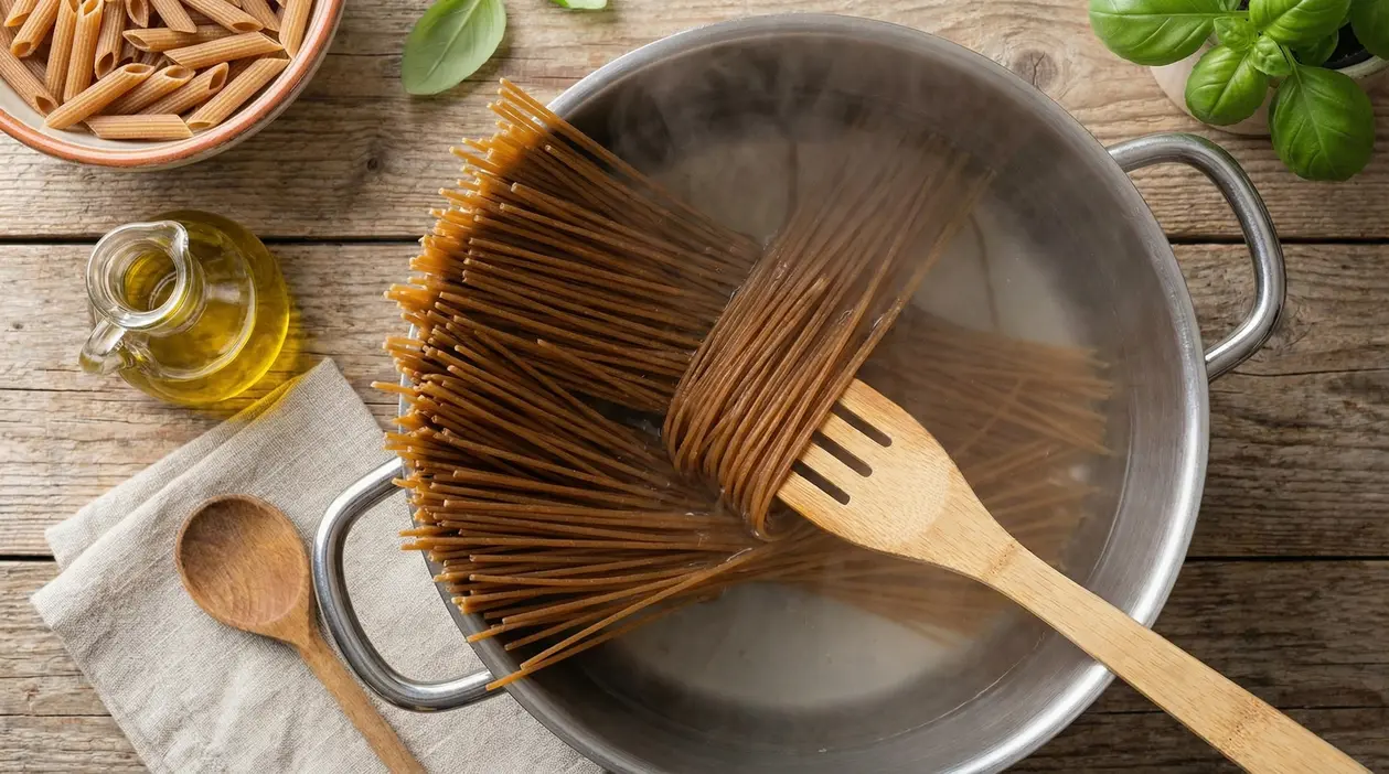 Spaghetti integrali in cottura in una pentola con mestolo di legno