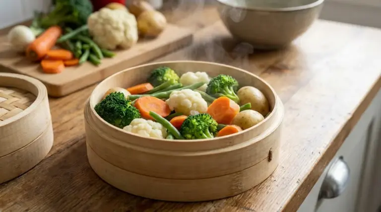 Verdure miste al vapore in cestello di bambù: broccoli, cavolfiore, carote, fagiolini e patate su tavolo di legno