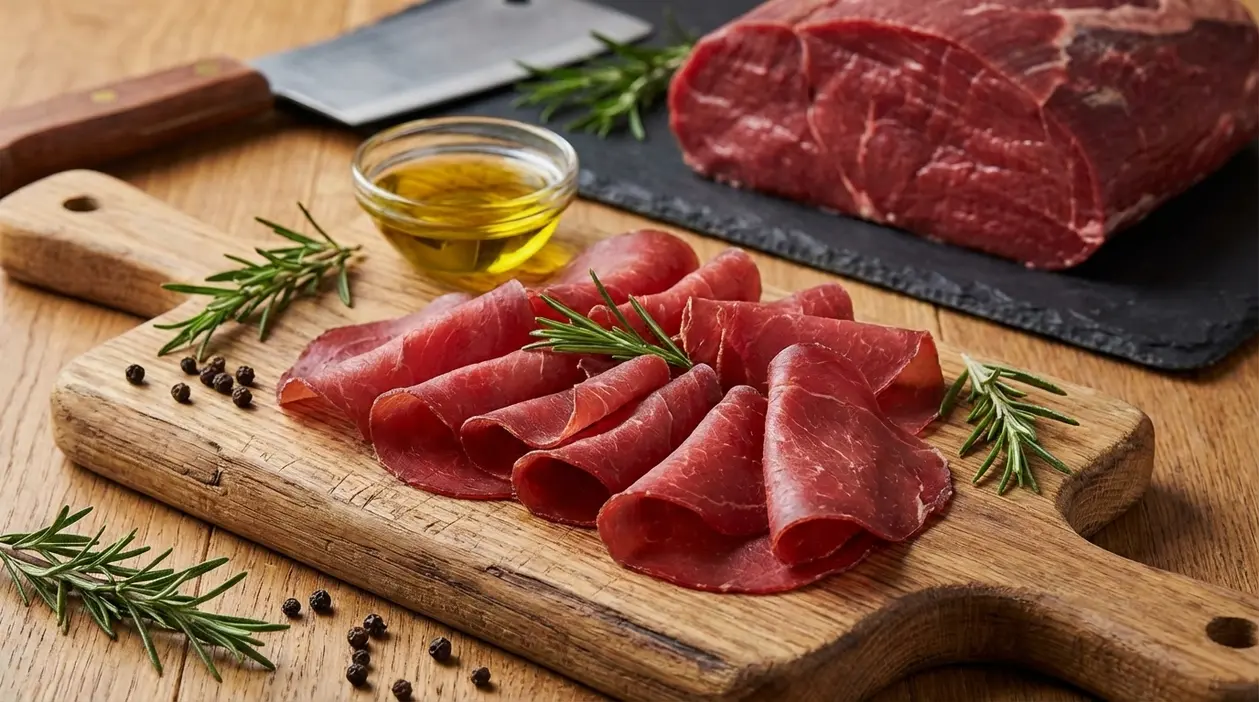 Fette di bresaola su tagliere di legno con rosmarino, pepe, olio e un taglio di carne sullo sfondo