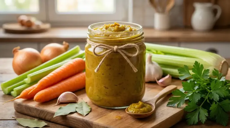 Barattolo di dado vegetale fatto in casa su tagliere con verdure fresche
