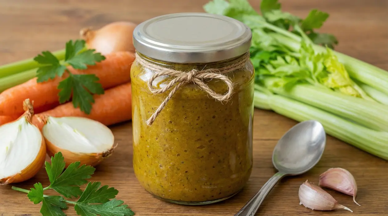 Vasetto di dado vegetale fatto in casa con verdure fresche su un tavolo di legno