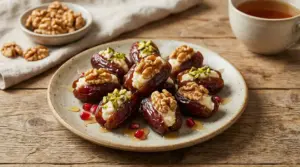 Datteri farciti con crema, noci e pistacchi serviti su un piatto in ceramica