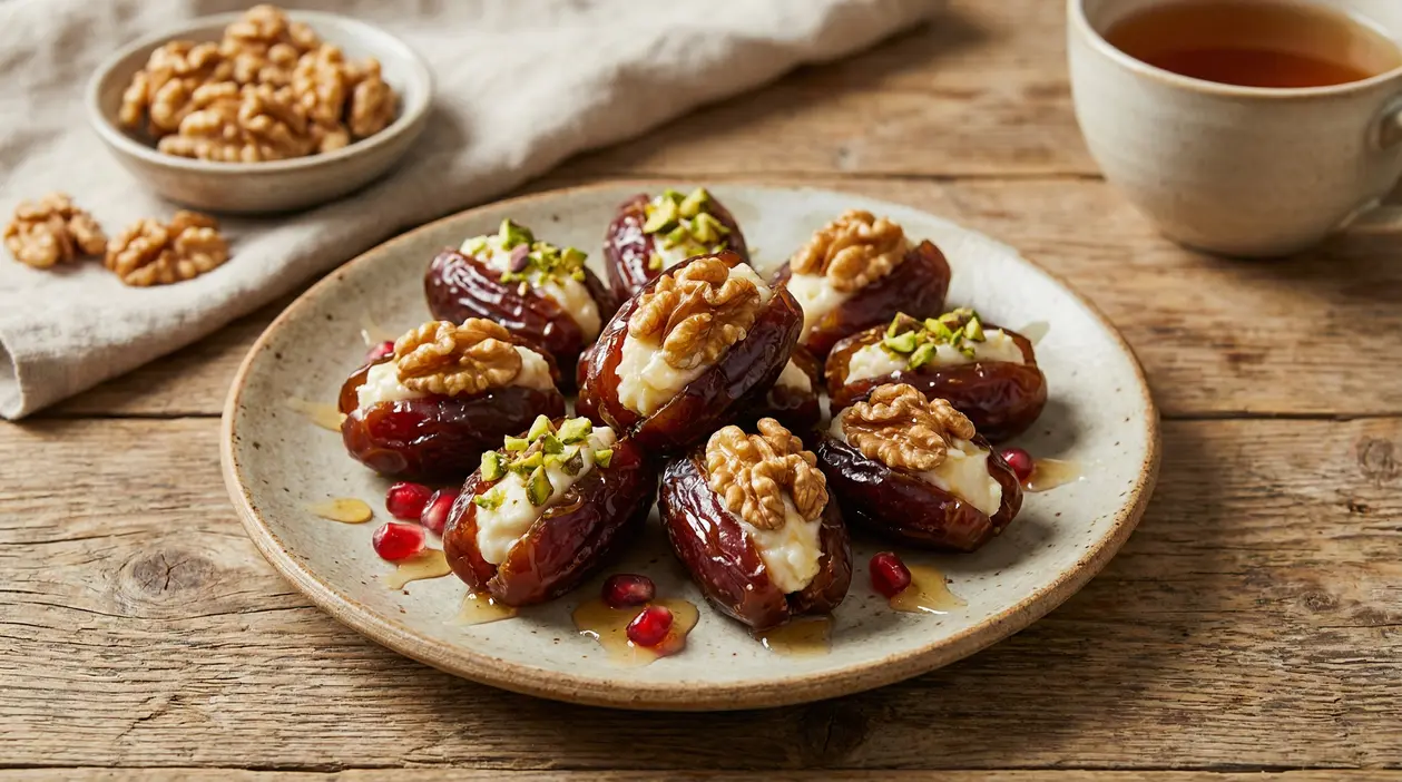 Datteri farciti con crema, noci e pistacchi serviti su un piatto in ceramica