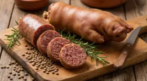 Cotechino a fette e zampone intero su tagliere di legno con lenticchie e rosmarino