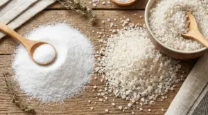 Confronto tra sale fino e sale marino grosso su tavolo di legno, con cucchiai e ciotola
