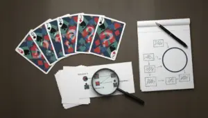Carte da gioco scoperte accanto a un diagramma e una lente di ingrandimento su un tavolo