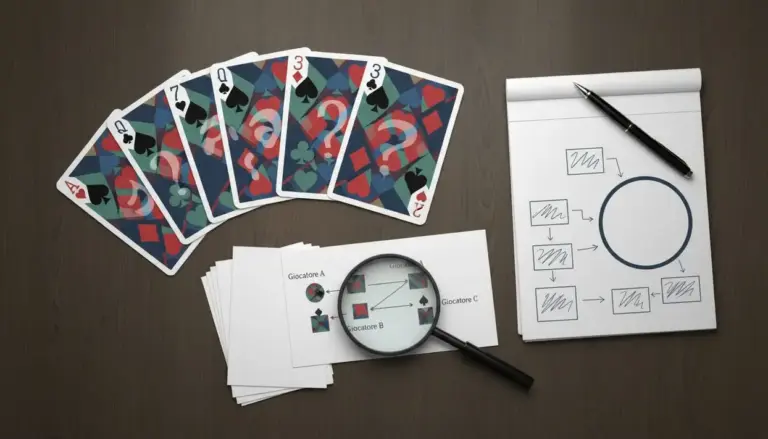 Carte da gioco scoperte accanto a un diagramma e una lente di ingrandimento su un tavolo