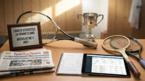 Scrivania con racchette da tennis, trofeo, giornali sportivi e taccuino con grafici.