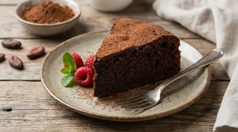 Fetta di torta al cioccolato light con lamponi e foglie di menta su piatto rustico