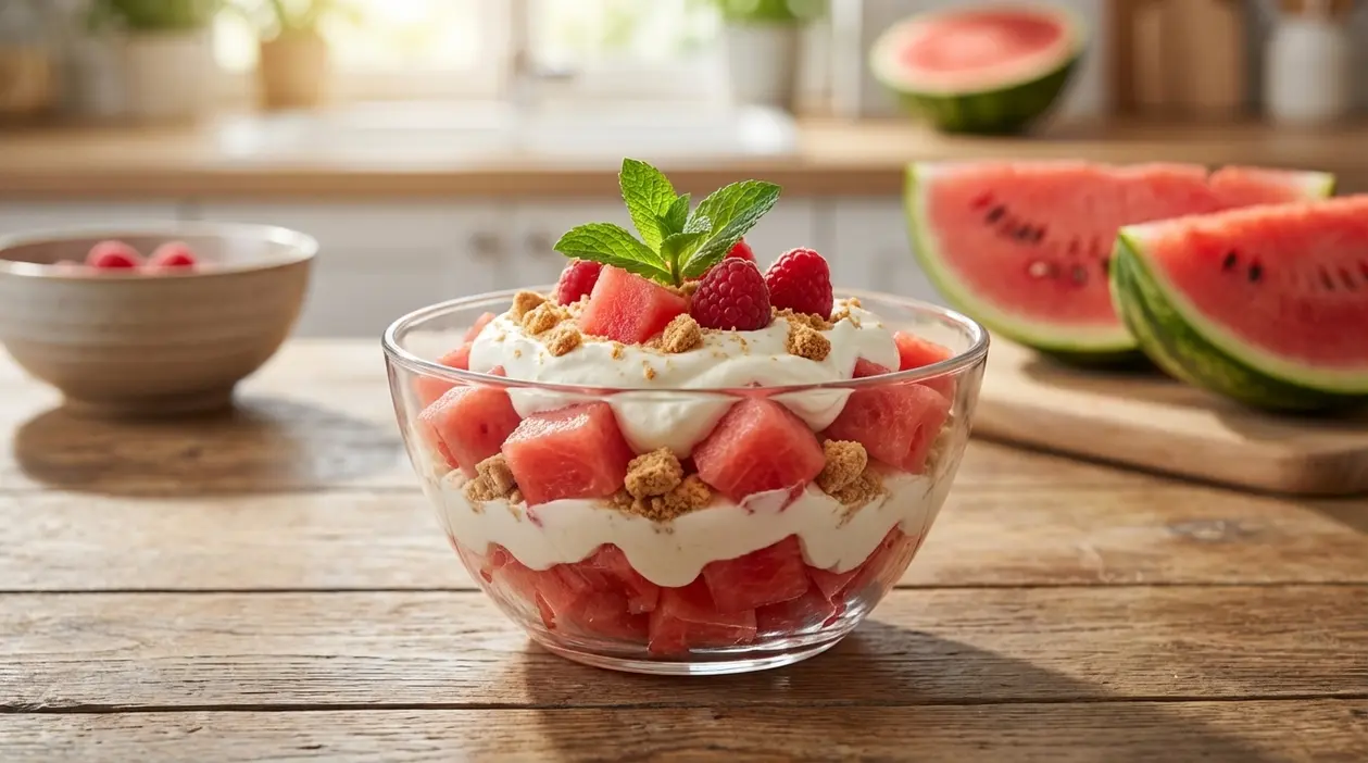 Coppa di dolce all’anguria con crema, crumble di biscotti, lamponi e menta su tavolo in legno