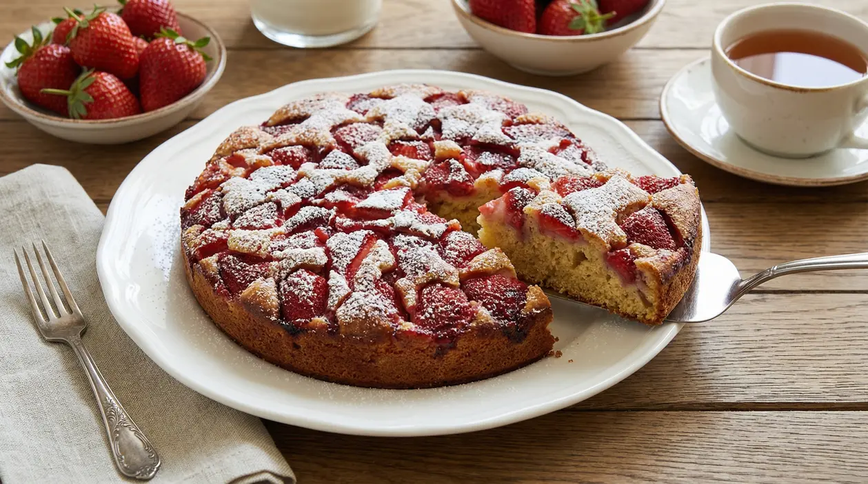 Torta alle fragole con zucchero a velo su piatto bianco, con una fetta servita su paletta su tavolo di legno