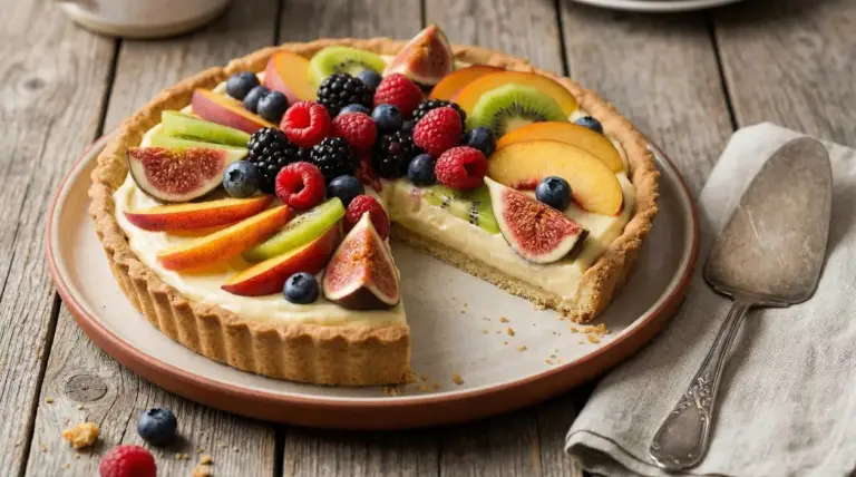 Crostata alla crema con frutta fresca mista e una fetta mancante su piatto, ideale per usare la frutta avanzata