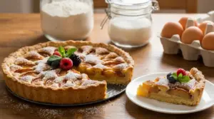 Crostata fatta in casa con frutta e zucchero a velo, con una fetta servita su piatto, ingredienti sullo sfondo