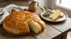 Torta pasquale toscana affettata su un tavolo rustico di legno con piatto di fette a fianco