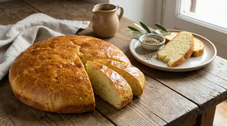 Torta pasquale toscana affettata su un tavolo rustico di legno con piatto di fette a fianco