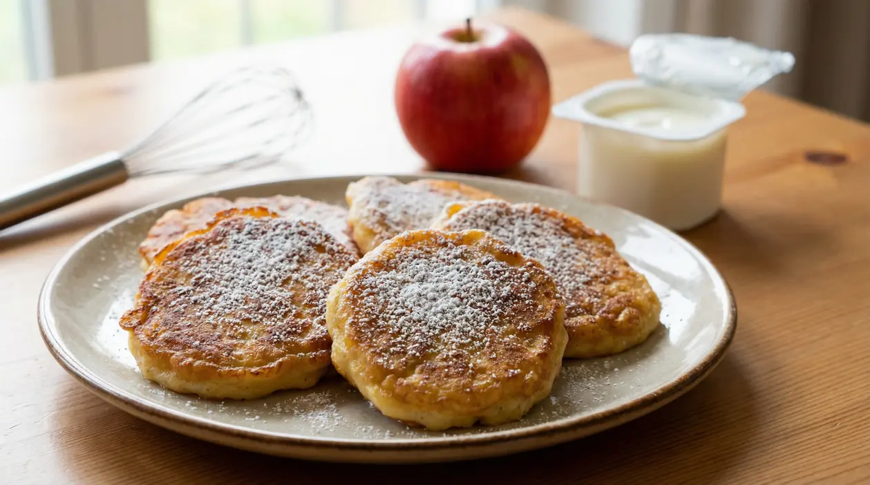 Frittelle dolci con zucchero a velo su piatto, con mela e yogurt sullo sfondo