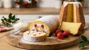 Rotolo dolce con pandoro, crema e fragole su tagliere, accanto a pandoro a fette spolverato di zucchero