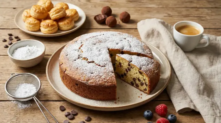 Torta soffice con gocce di cioccolato e zucchero a velo su tavolo rustico