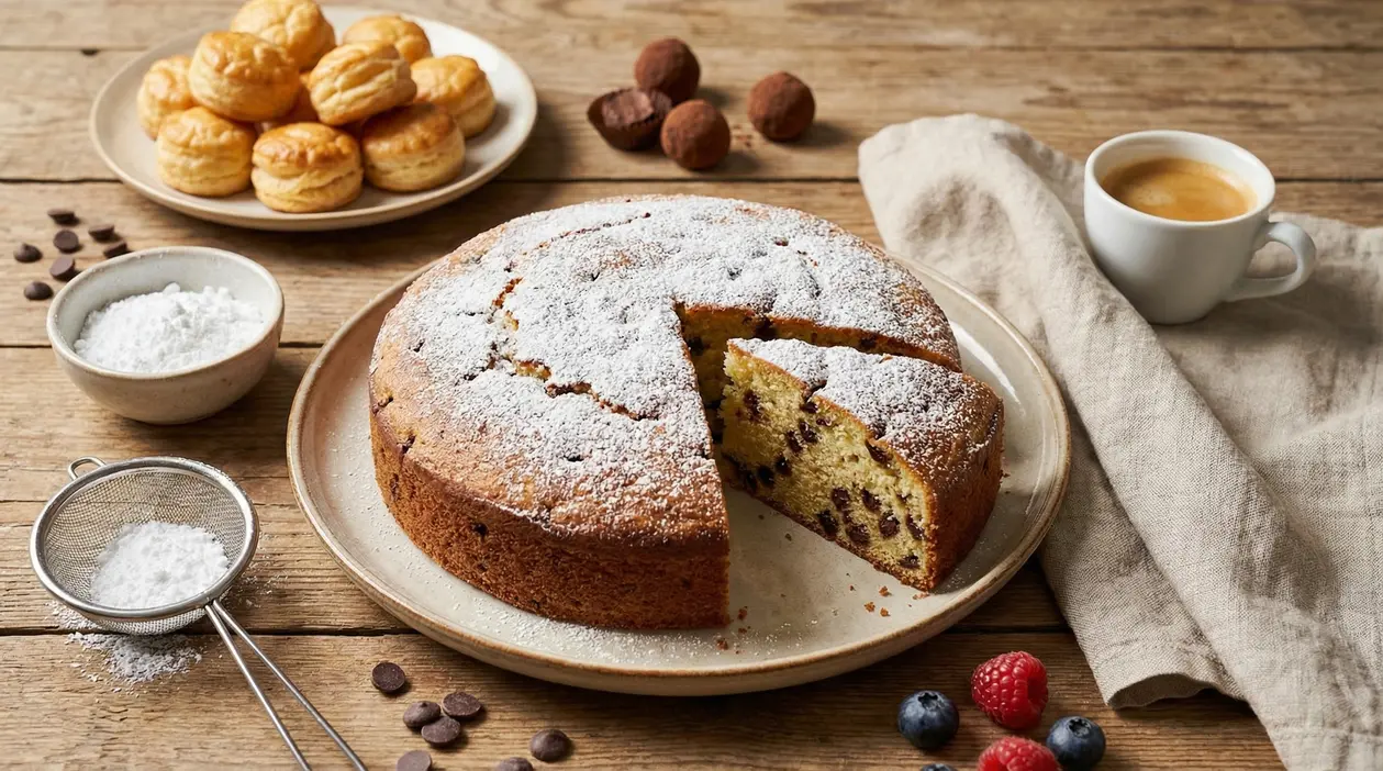 Torta soffice con gocce di cioccolato e zucchero a velo su tavolo rustico