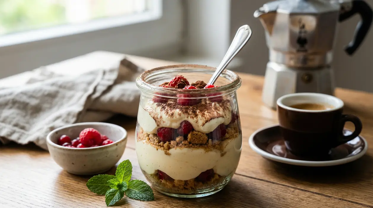 Dolce al cucchiaio veloce in barattolo con crema, frutti rossi, biscotti sbriciolati e cacao su tavolo in legno