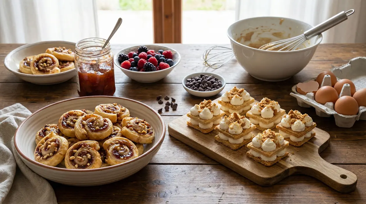 Dolcetti fatti in casa con pasta sfoglia, crema e marmellata su un tavolo rustico