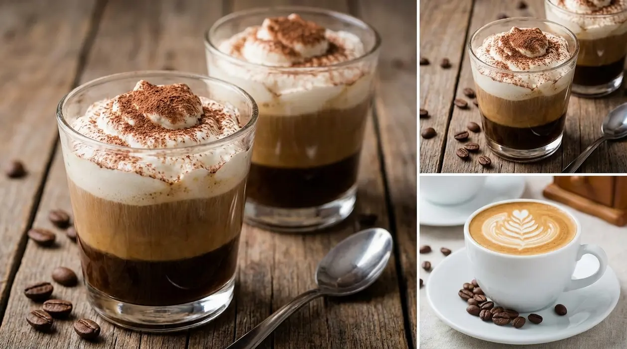 Bicchierini di dessert al caffè con crema e cacao, serviti su tavolo rustico con chicchi di caffè