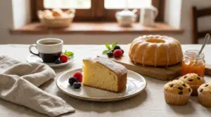 Colazione con fetta di ciambella, frutti di bosco, muffin con gocce di cioccolato, marmellata e tazza di caffè