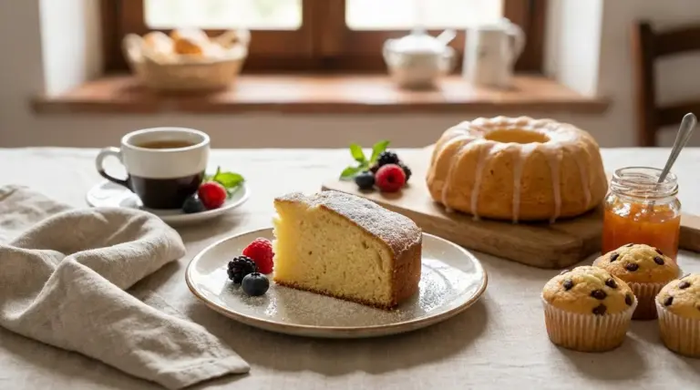 Colazione con fetta di ciambella, frutti di bosco, muffin con gocce di cioccolato, marmellata e tazza di caffè