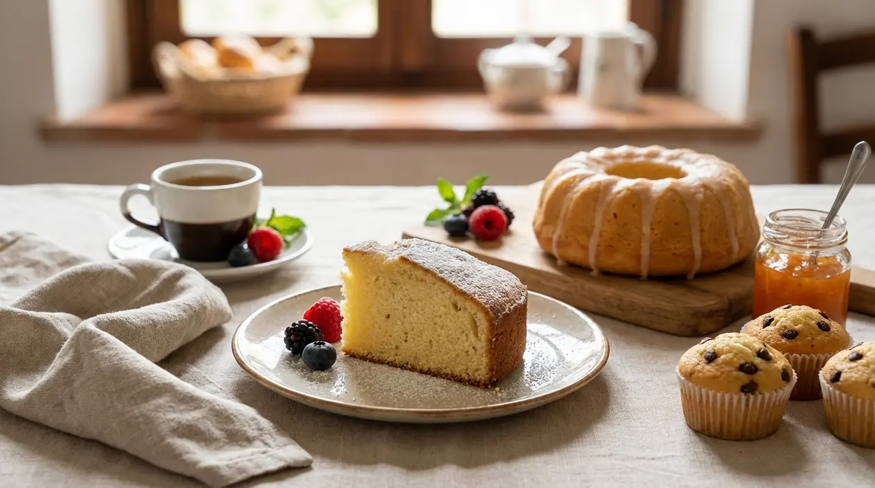 Colazione con fetta di ciambella, frutti di bosco, muffin con gocce di cioccolato, marmellata e tazza di caffè