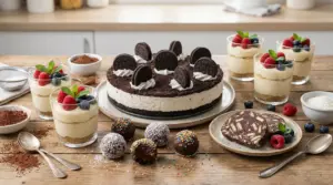 Dolci senza cottura su un tavolo di legno, tra cui cheesecake, bicchierini alla crema e tartufini al cioccolato