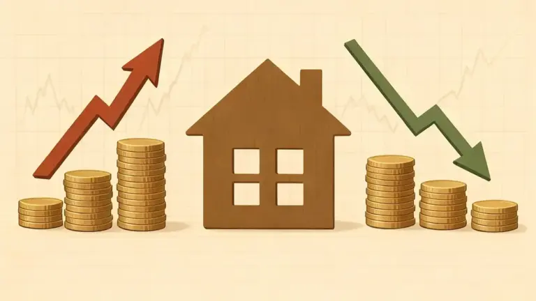 Icona di una casa tra pile di monete con frecce che indicano salita e discesa