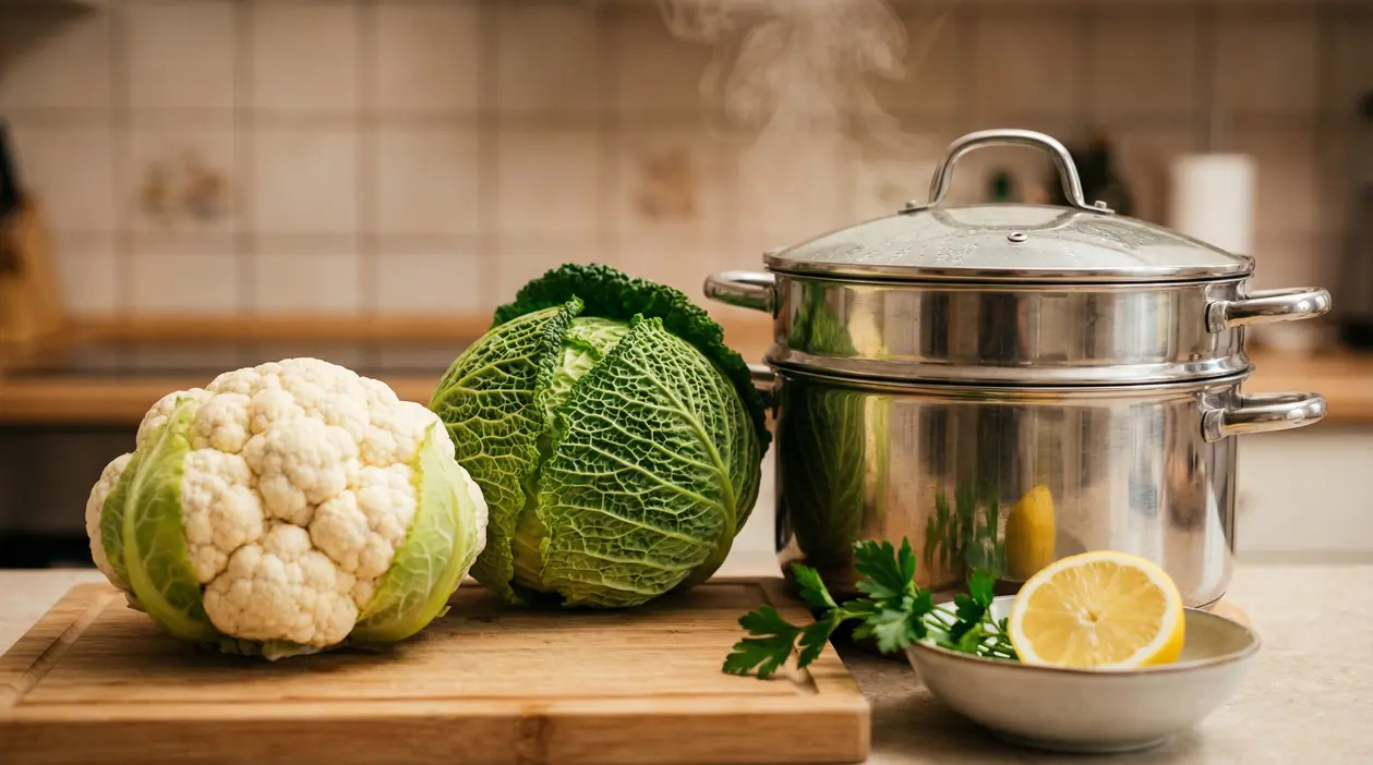 Cavolfiore e verza freschi su un tagliere accanto a una vaporiera in cucina