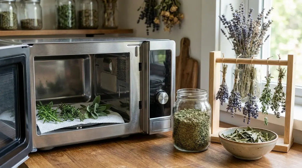 Microonde aperto con erbe aromatiche fresche e mazzetti essiccati in cucina per conservarle tutto l’anno