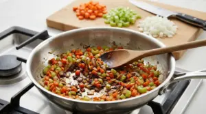 Soffritto di carote, sedano e cipolla che cuoce in padella su fornello a gas