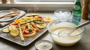 Verdure fritte croccanti su griglia accanto a una ciotola di pastella e farina