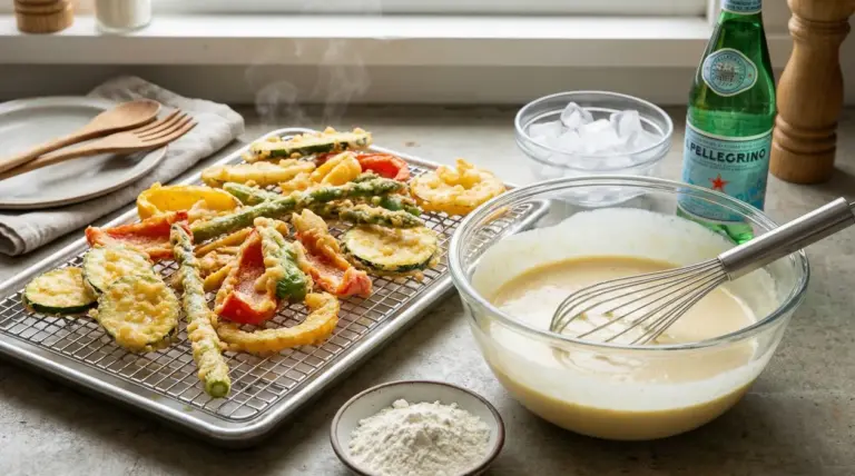 Verdure fritte croccanti su griglia accanto a una ciotola di pastella e farina