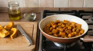 Padella con zucca a cubetti in cottura sul fornello, con tagliere e coltello accanto