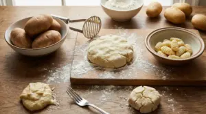 Impasto per gnocchi fatto con patate su un piano infarinato con patate e gnocchi pronti