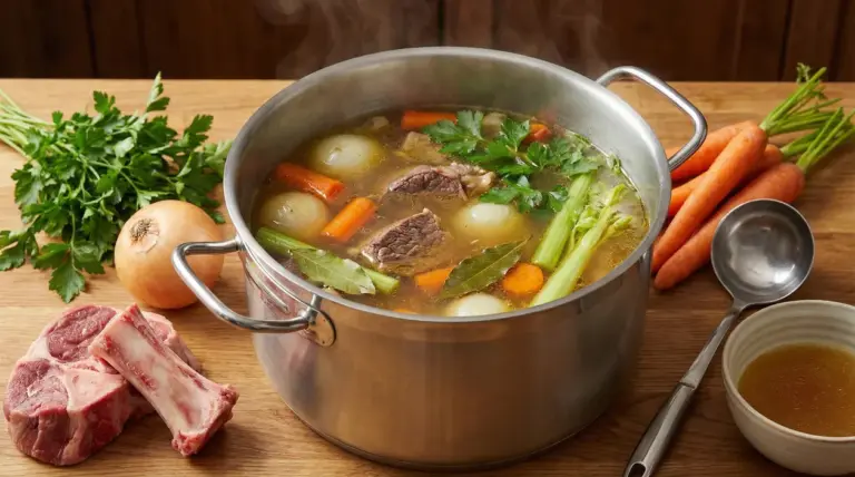 Pentola con brodo di carne in cottura con verdure e carne su un piano di legno