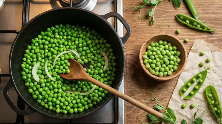 Piselli freschi in padella con cipolla e cucchiaio di legno, accanto a baccelli e una ciotola su tavolo di legno