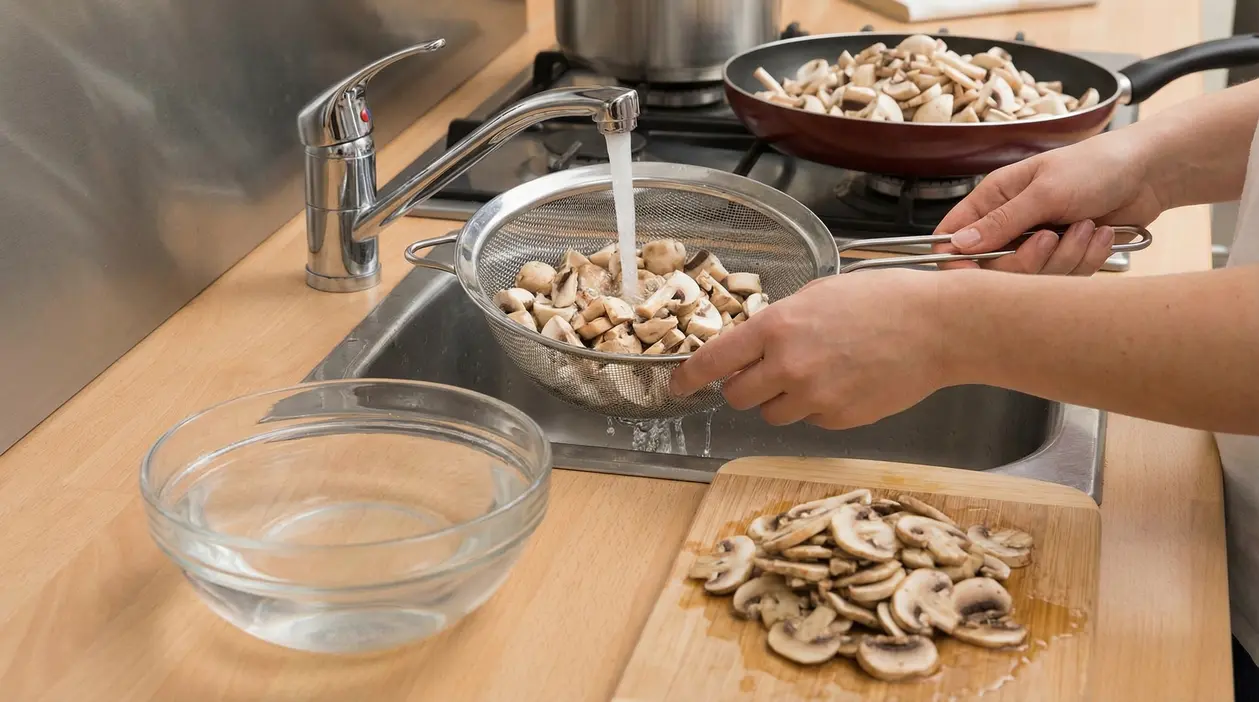 Una persona lava i funghi champignon tagliati in uno scolapasta sotto l'acqua corrente