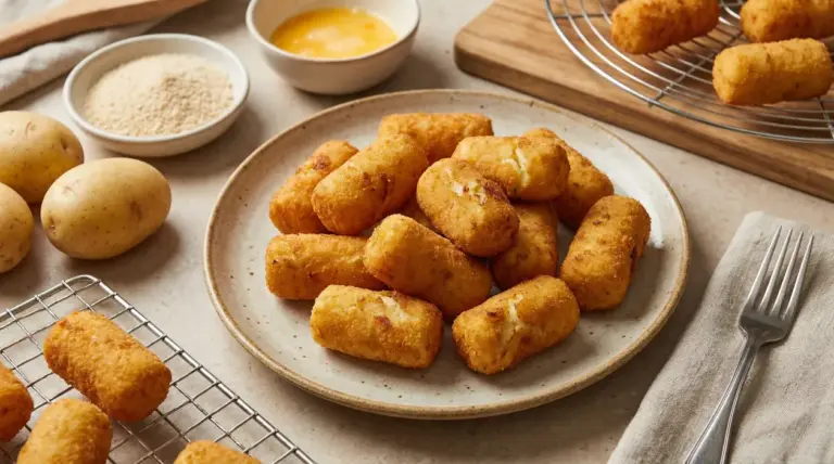 Crocchette di patate dorate e croccanti su un piatto, con patate, pangrattato e uova per la panatura