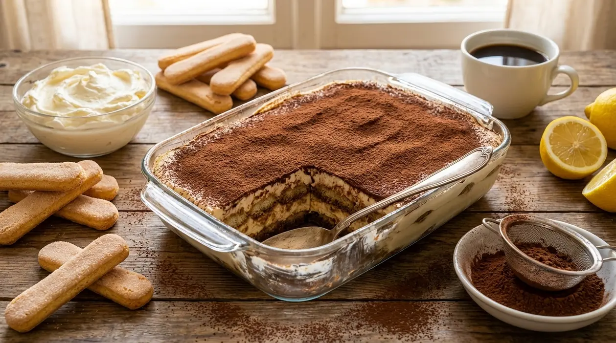 Tiramisù in pirofila con cacao, savoiardi, crema al mascarpone e caffè su un tavolo di legno