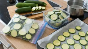Zucchine a rondelle su tagliere, in sacchetto e contenitore, pronte da congelare in cucina