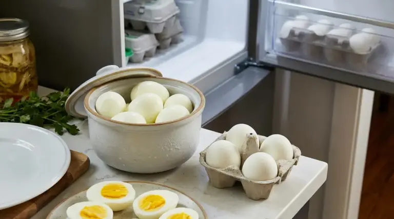 Uova sode sgusciate e tagliate su un piano cucina, con frigorifero aperto sullo sfondo