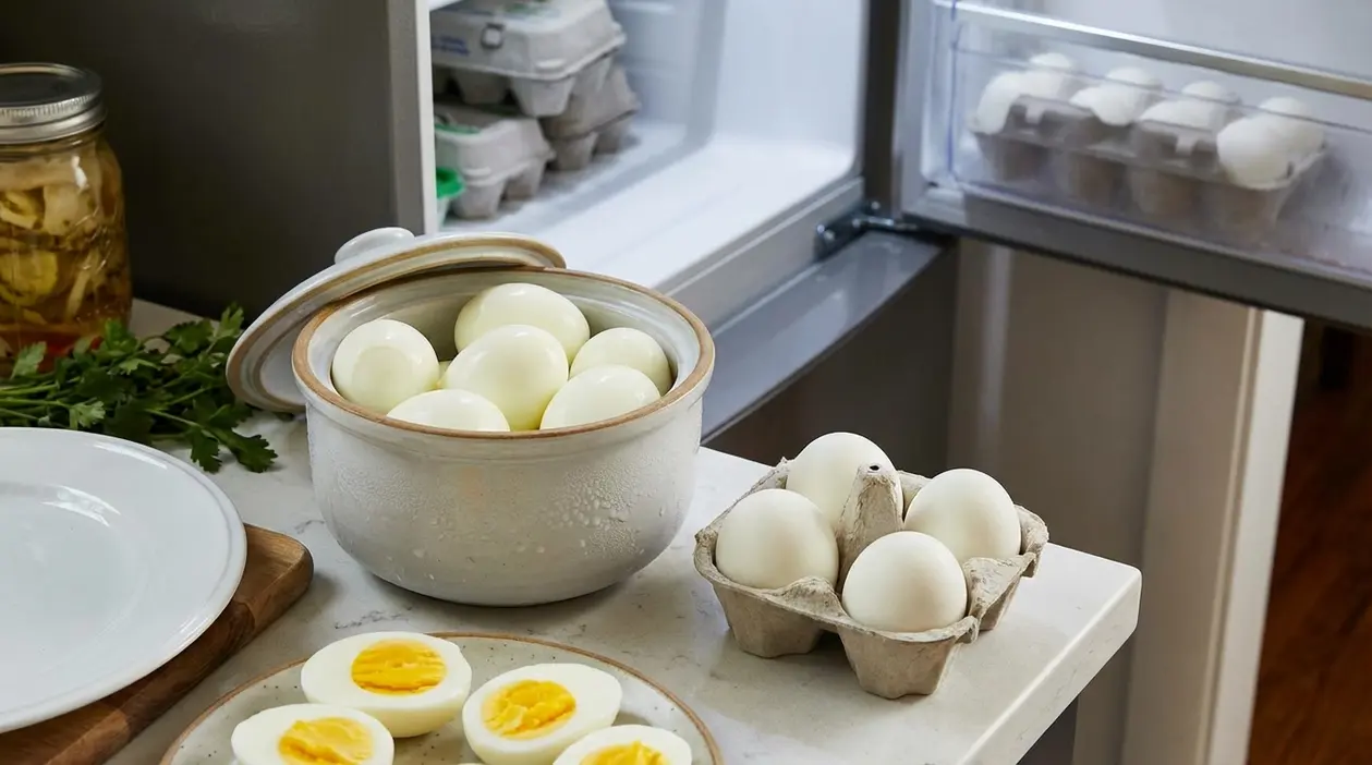 Uova sode sgusciate e tagliate su un piano cucina, con frigorifero aperto sullo sfondo