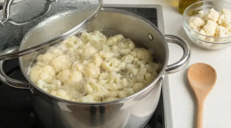 Cavolfiore in ebollizione in una pentola di acciaio su un piano cottura