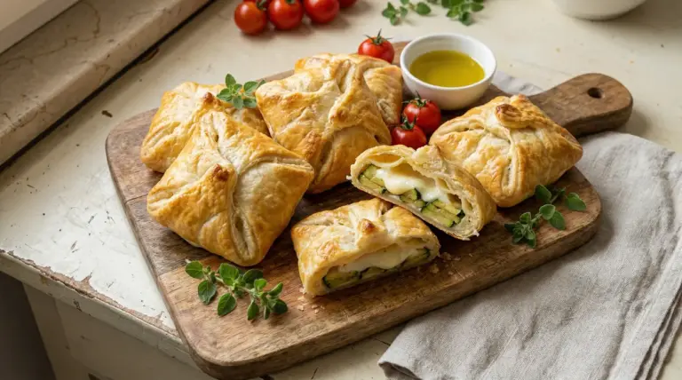 Fagottini di pasta sfoglia con zucchine e scamorza su tagliere, uno aperto con ripieno filante